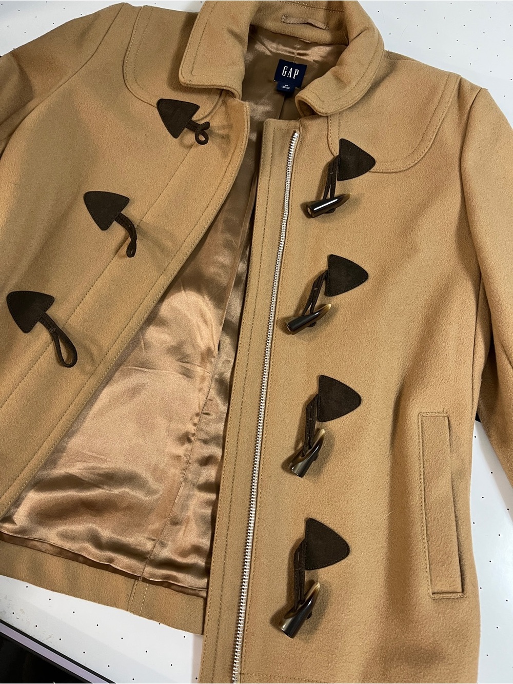 GAP Women's Camel wool Toggle Pea Coat with Dark Brown Accents medium